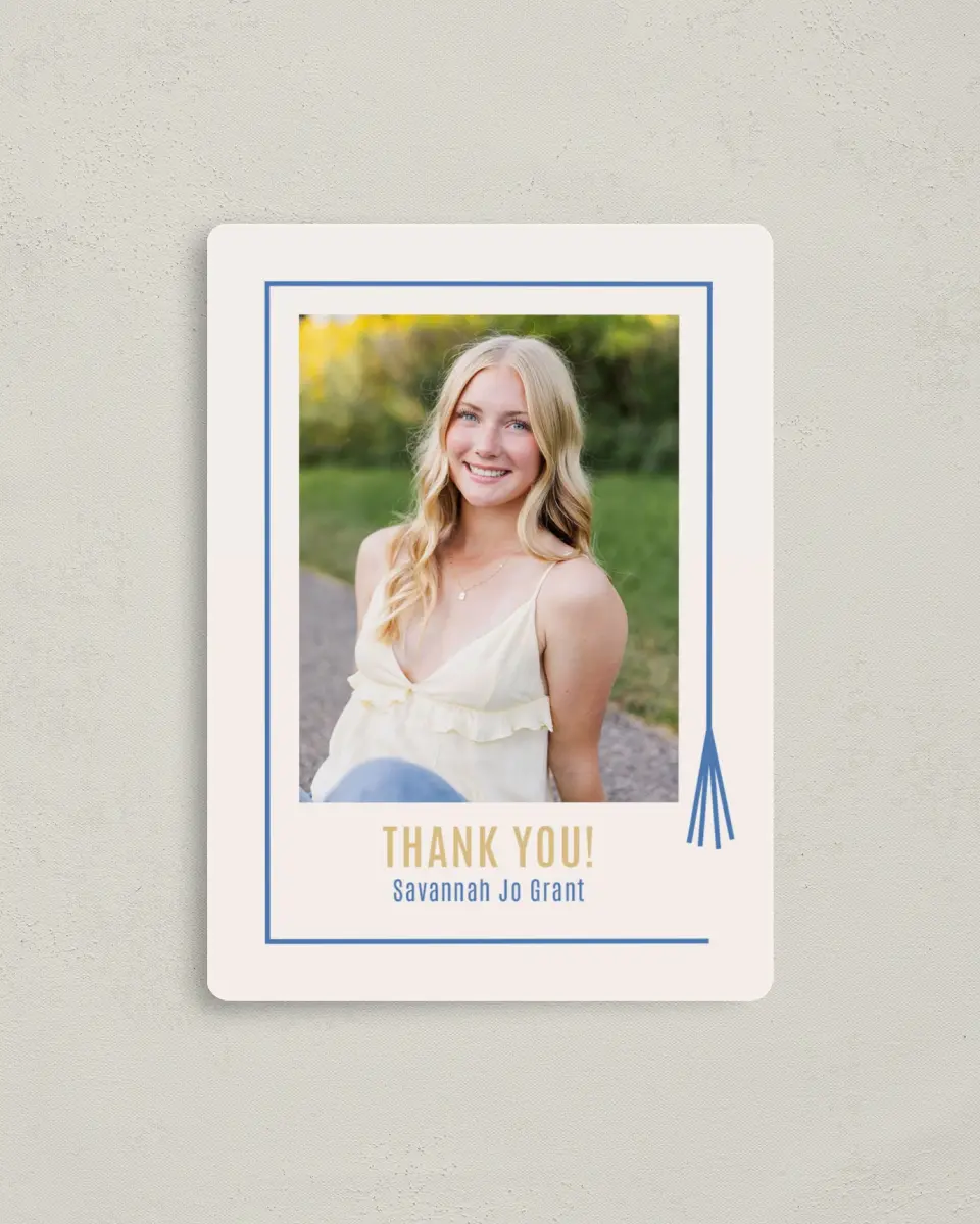 This is a 4" x 5½" Graduation Thank You Magnet called Turning Tassels printed in full color with Gold foil and a Luxe Satin finish