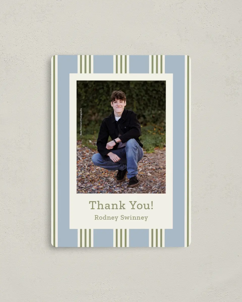 This is a 4" x 5½" Graduation Thank You Magnet called Framed in Excellence printed in full color with Gold foil and a Luxe Satin finish