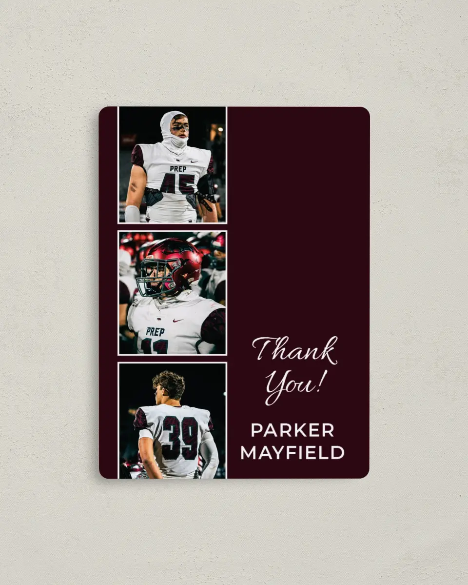 This is a 4" x 5½" Graduation Thank You Magnet called All Star Graduate printed in full color with Gold foil and a Luxe Satin finish