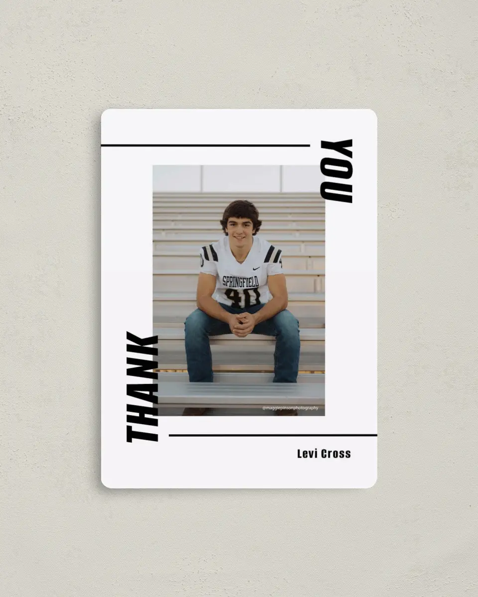 This is a 4" x 5½" Graduation Thank You Magnet called Go Long printed in full color with a Luxe Satin finish