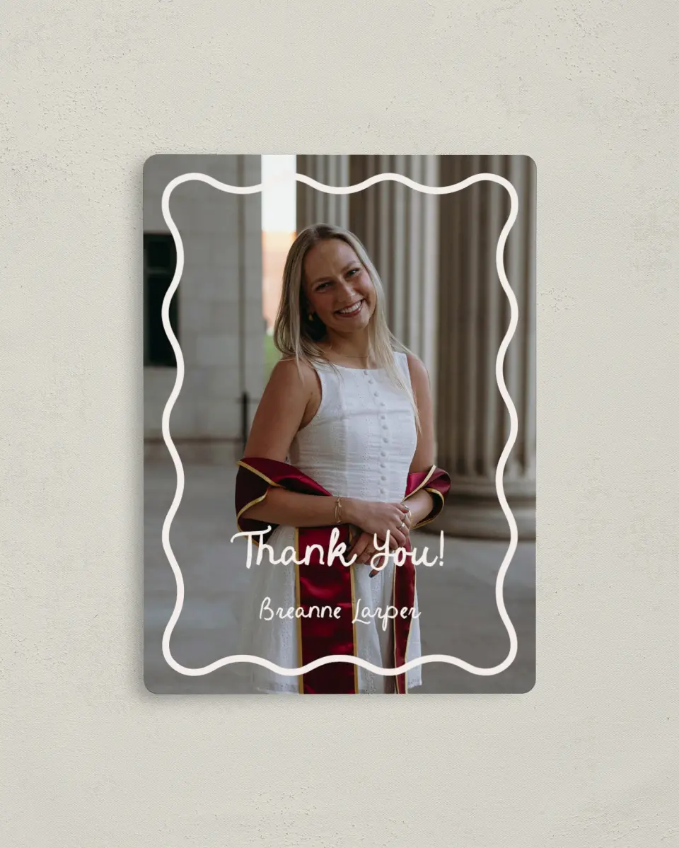 This is a 4" x 5½" Graduation Thank You Magnet called Walking the Stage printed in full color with a Luxe Satin finish