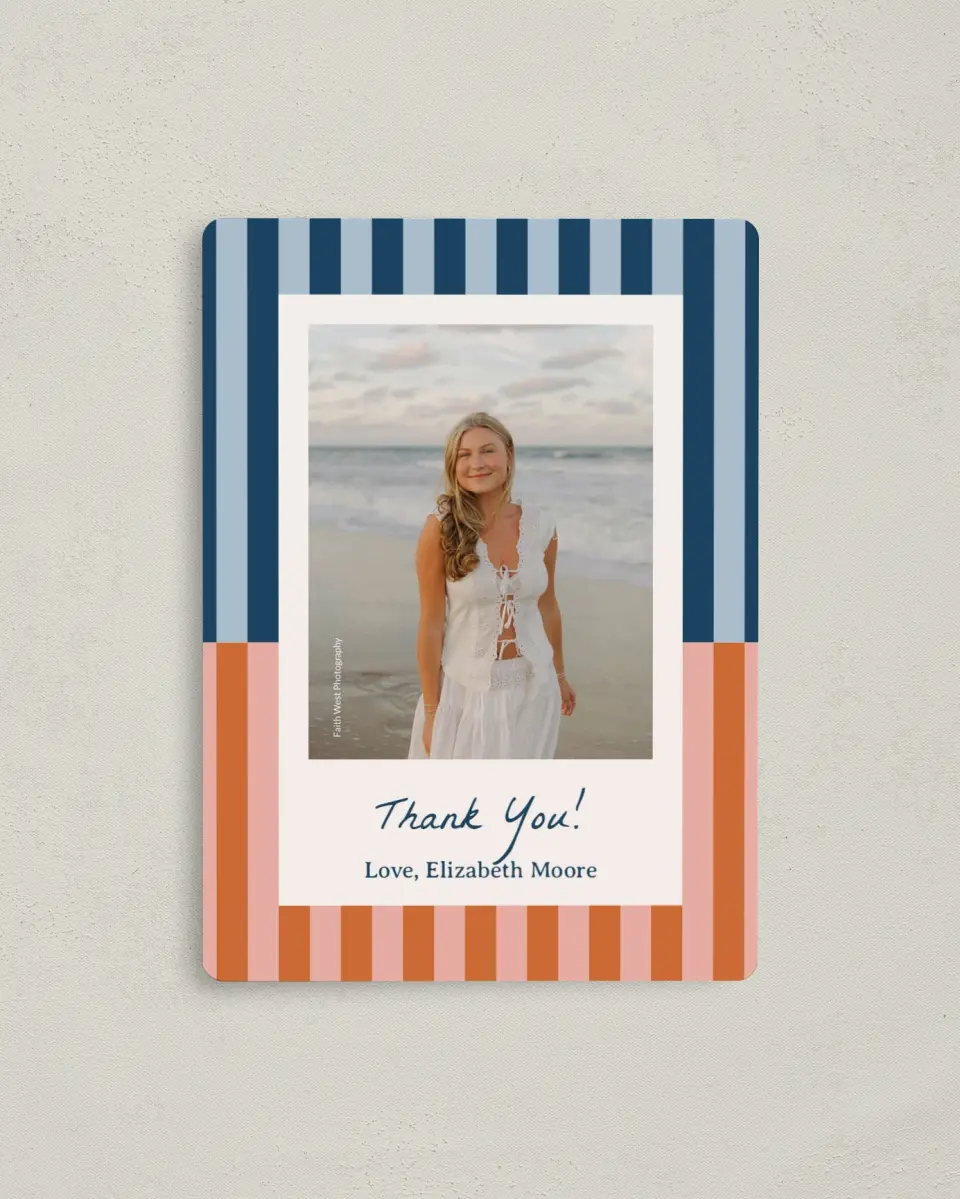This is a 4" x 5½" Graduation Thank You Magnet called Scholarly Stripes printed in full color with Gold foil and a Luxe Satin finish