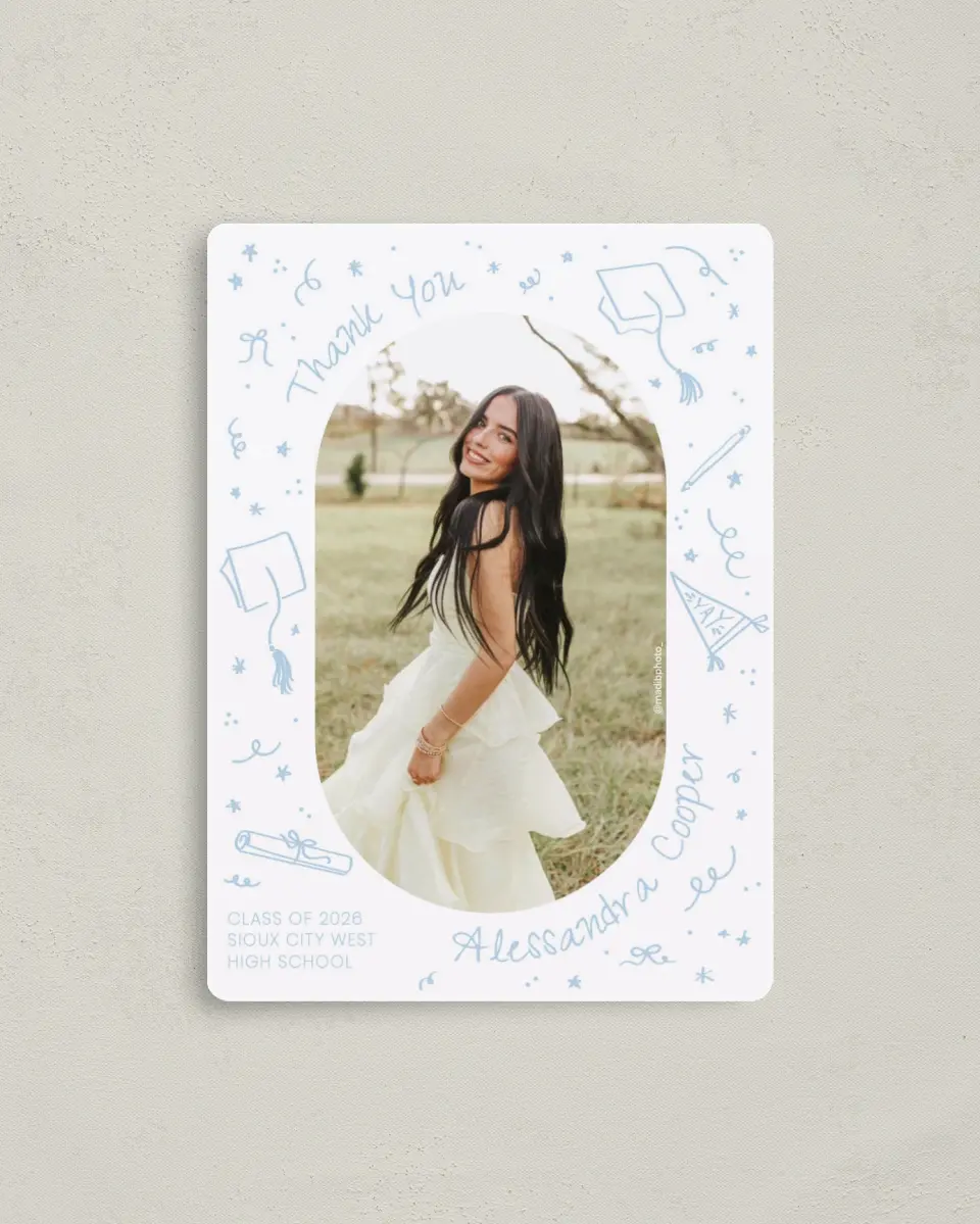 This is a 4" x 5½" Graduation Thank You Magnet called Doodles in the Margin printed in full color with a Luxe Satin finish