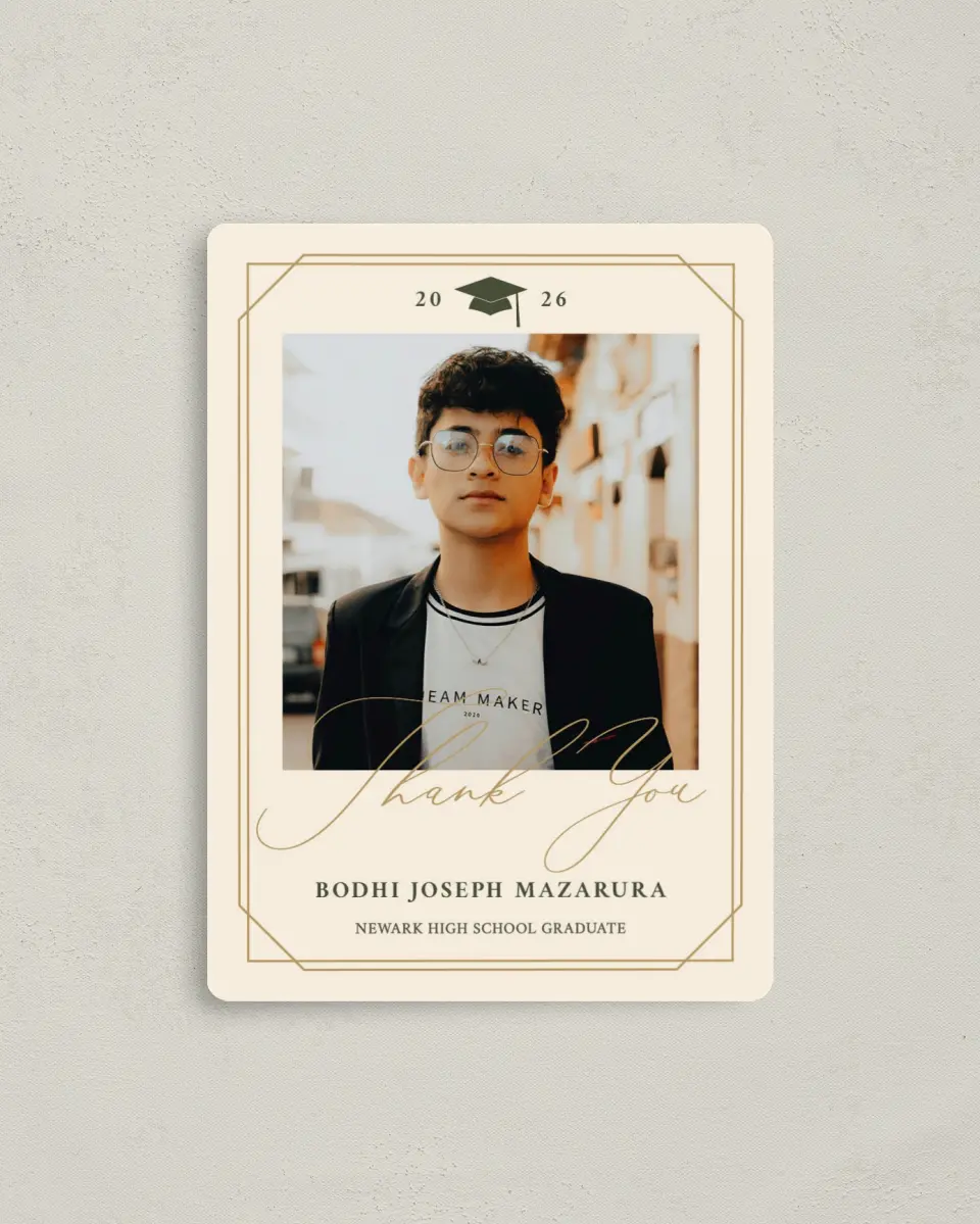 This is a 4" x 5½" Graduation Thank You Magnet called Mature Minimalist printed in full color with a Luxe Satin finish