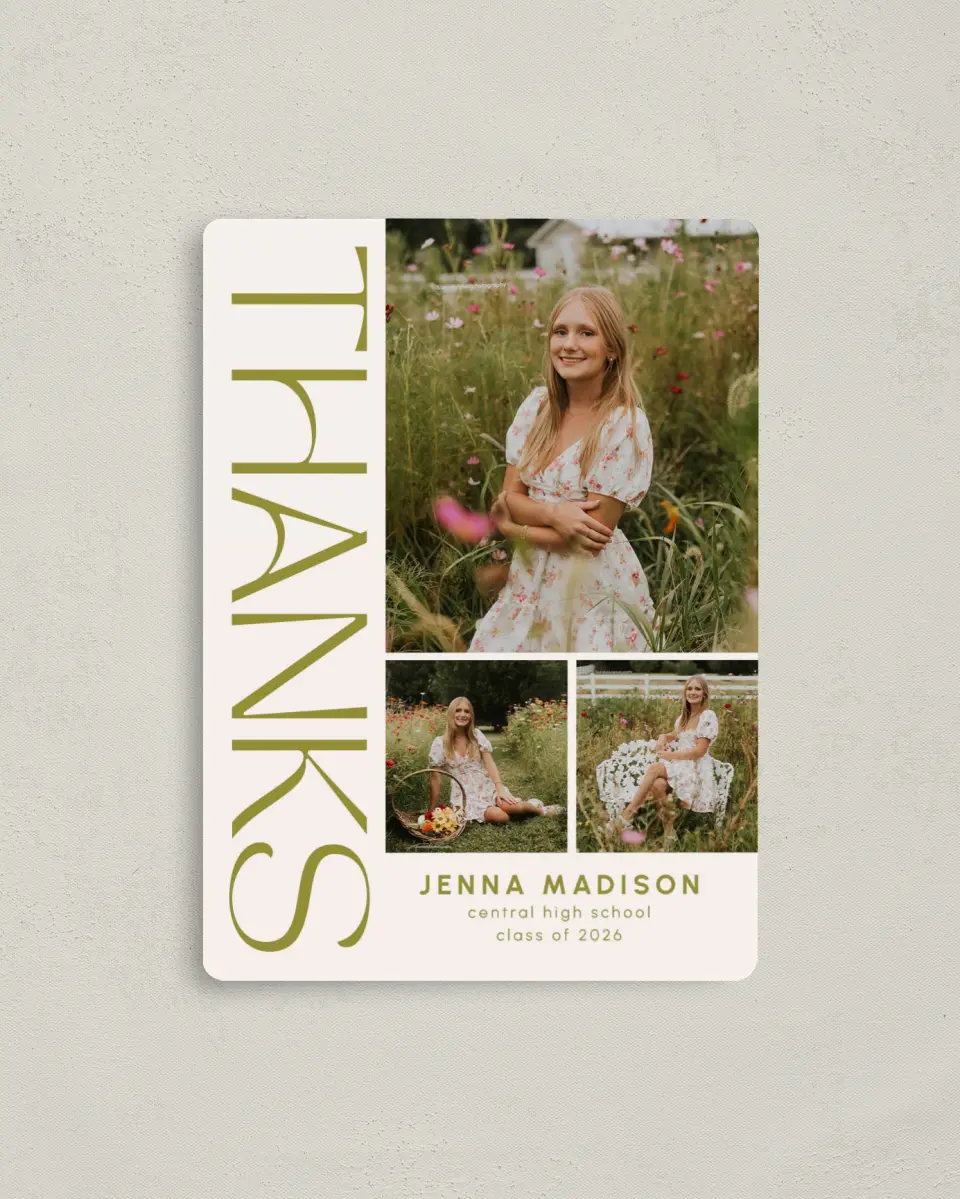 This is a 4" x 5½" Graduation Thank You Magnet called Only the Beginning printed in full color with a Luxe Satin finish