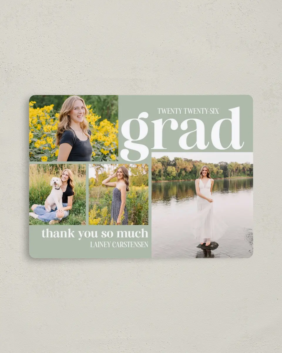 This is a 4" x 5½" Graduation Thank You Magnet called Sweet Smiles printed in full color with a Luxe Satin finish