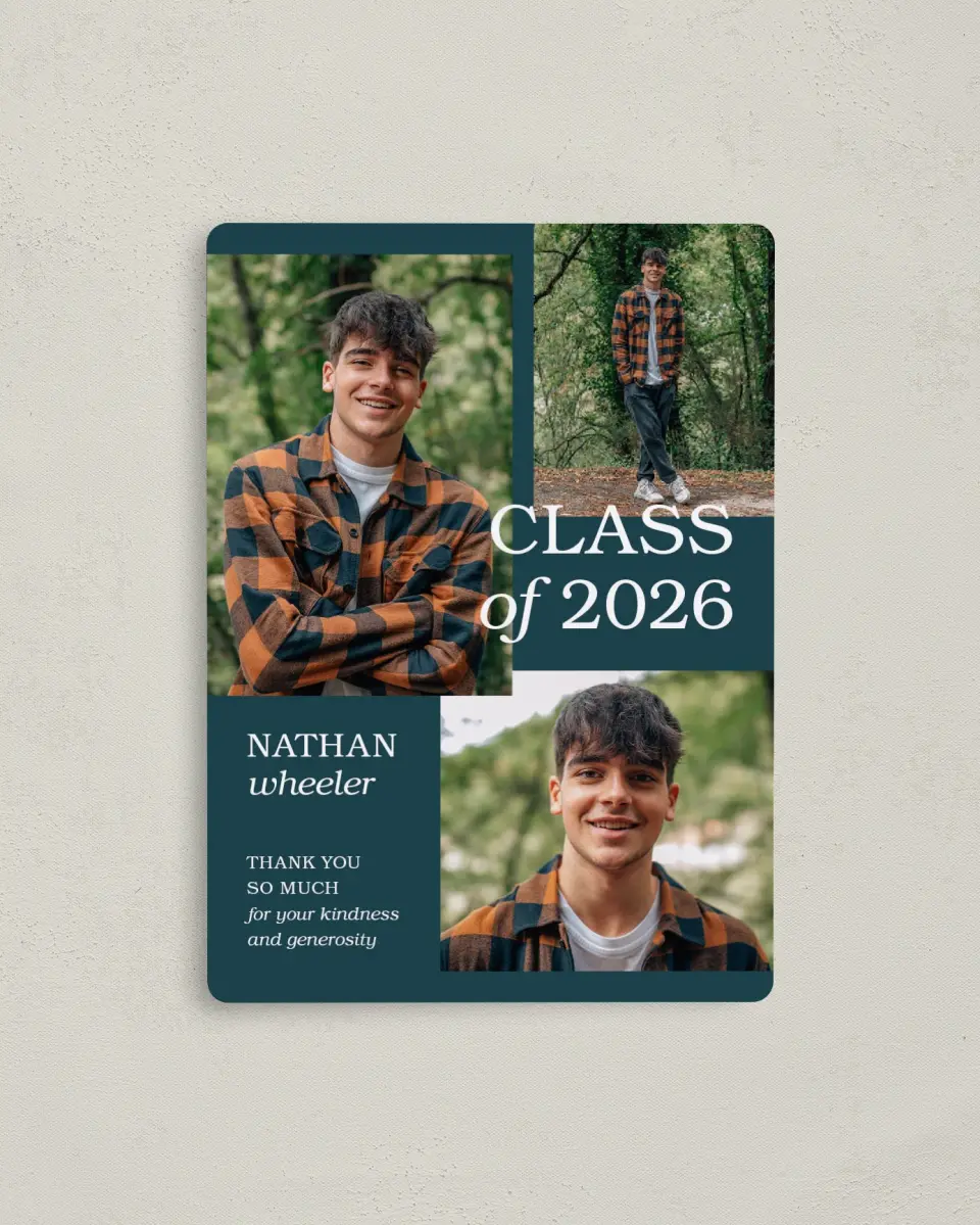 This is a 4" x 5½" Graduation Thank You Magnet called Sky's the Limit printed in full color with a Luxe Satin finish