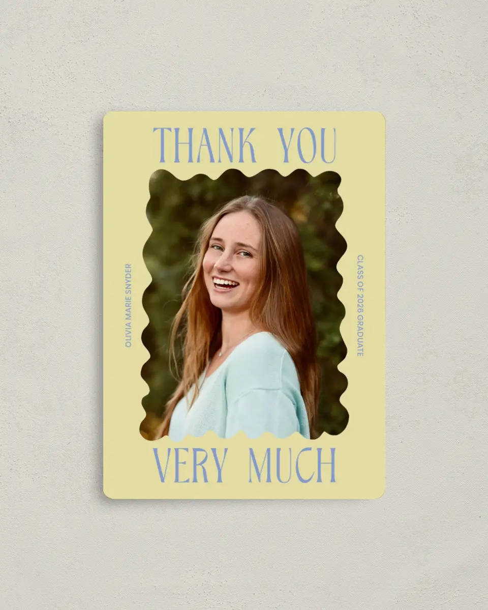 This is a 4" x 5½" Graduation Thank You Magnet called Funky Colorful Cute printed in full color with a Luxe Satin finish
