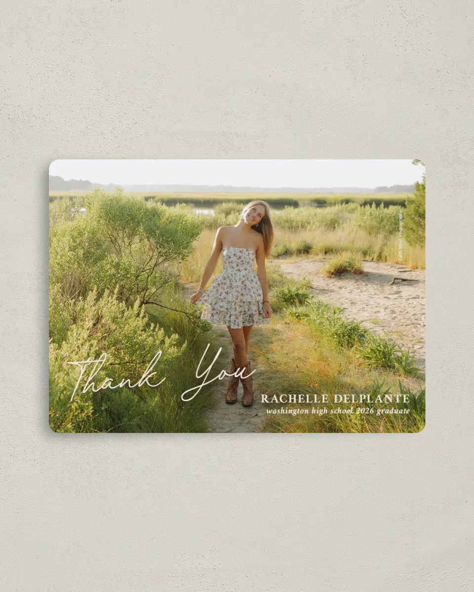 This is a 4" x 5½" Graduation Thank You Magnet called Wholesome Grad printed in full color with a Luxe Satin finish