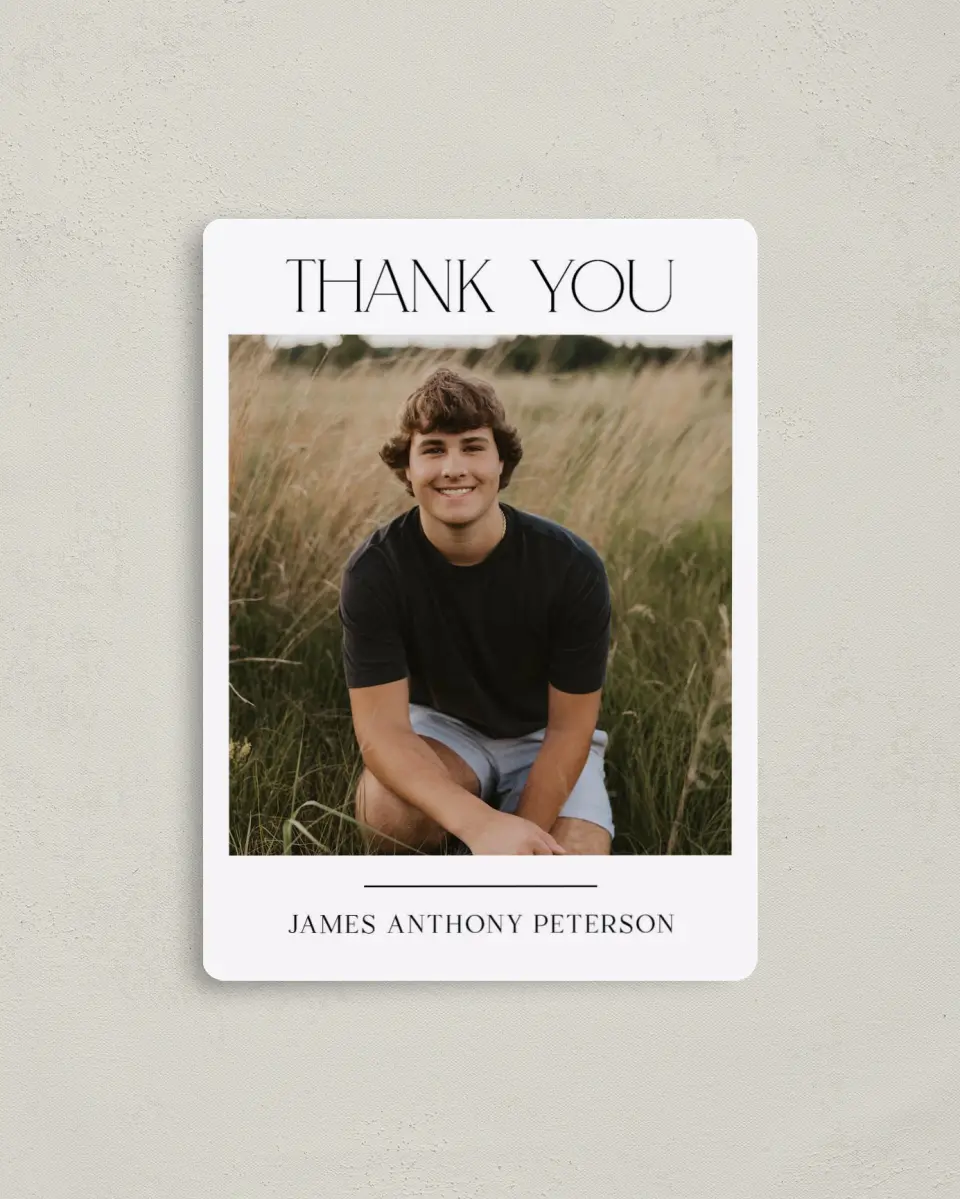 This is a 4" x 5½" Graduation Thank You Magnet called Most Classic printed in full color with Gold foil and a Luxe Satin finish
