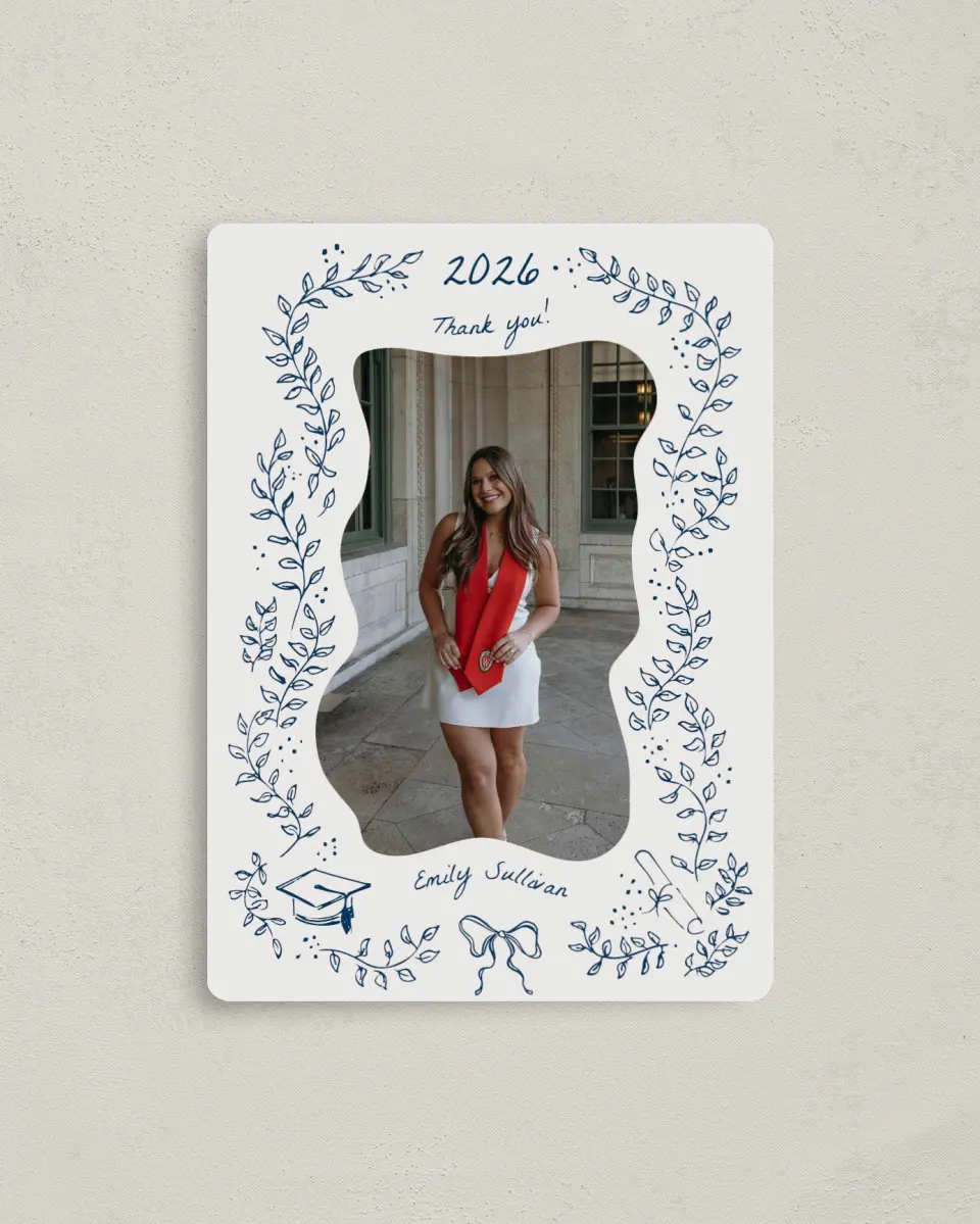 This is a 4" x 5½" Graduation Thank You Magnet called Whimsical Grad printed in full color with Gold foil and a Luxe Satin finish