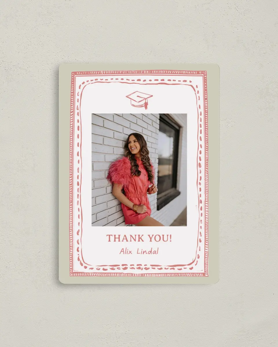This is a 4" x 5½" Graduation Thank You Magnet called Grad Frame Art printed in full color with Gold foil and a Luxe Satin finish