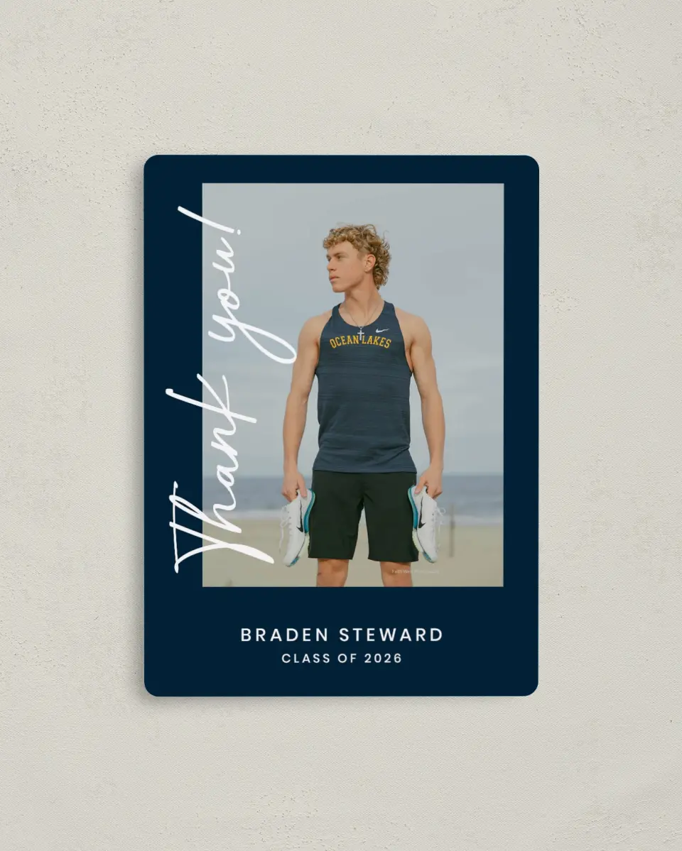 This is a 4" x 5½" Graduation Thank You Magnet called Sporty Grad printed in full color with a Luxe Satin finish