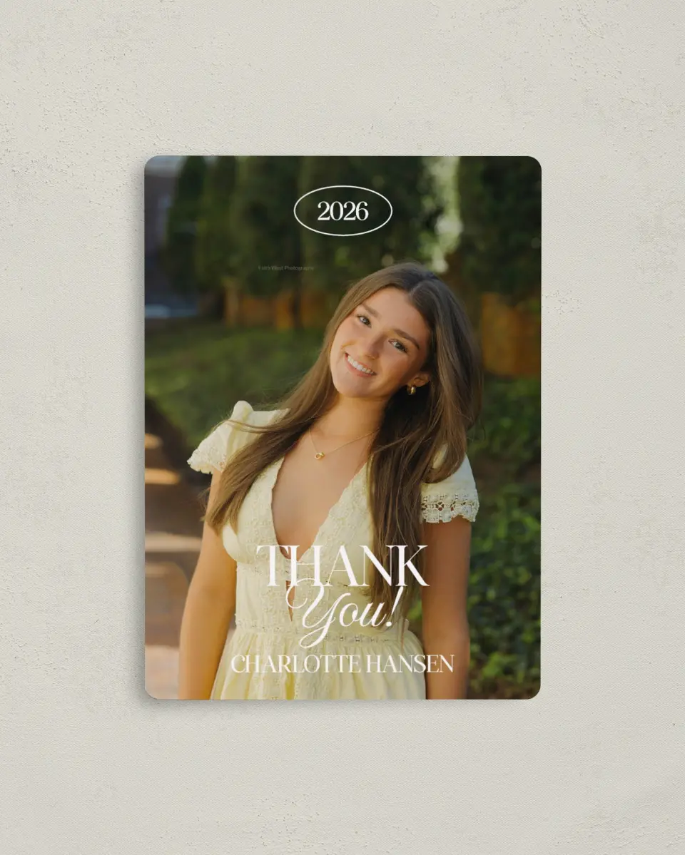 This is a 4" x 5½" Graduation Thank You Magnet called Retro Grad printed in full color with a Luxe Satin finish
