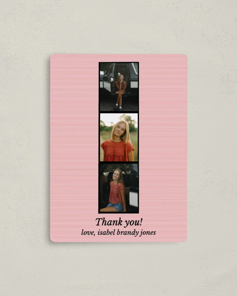 This is a 4" x 5½" Graduation Thank You Magnet called Snapshot Graduate printed in full color with Gold foil and a Luxe Satin finish