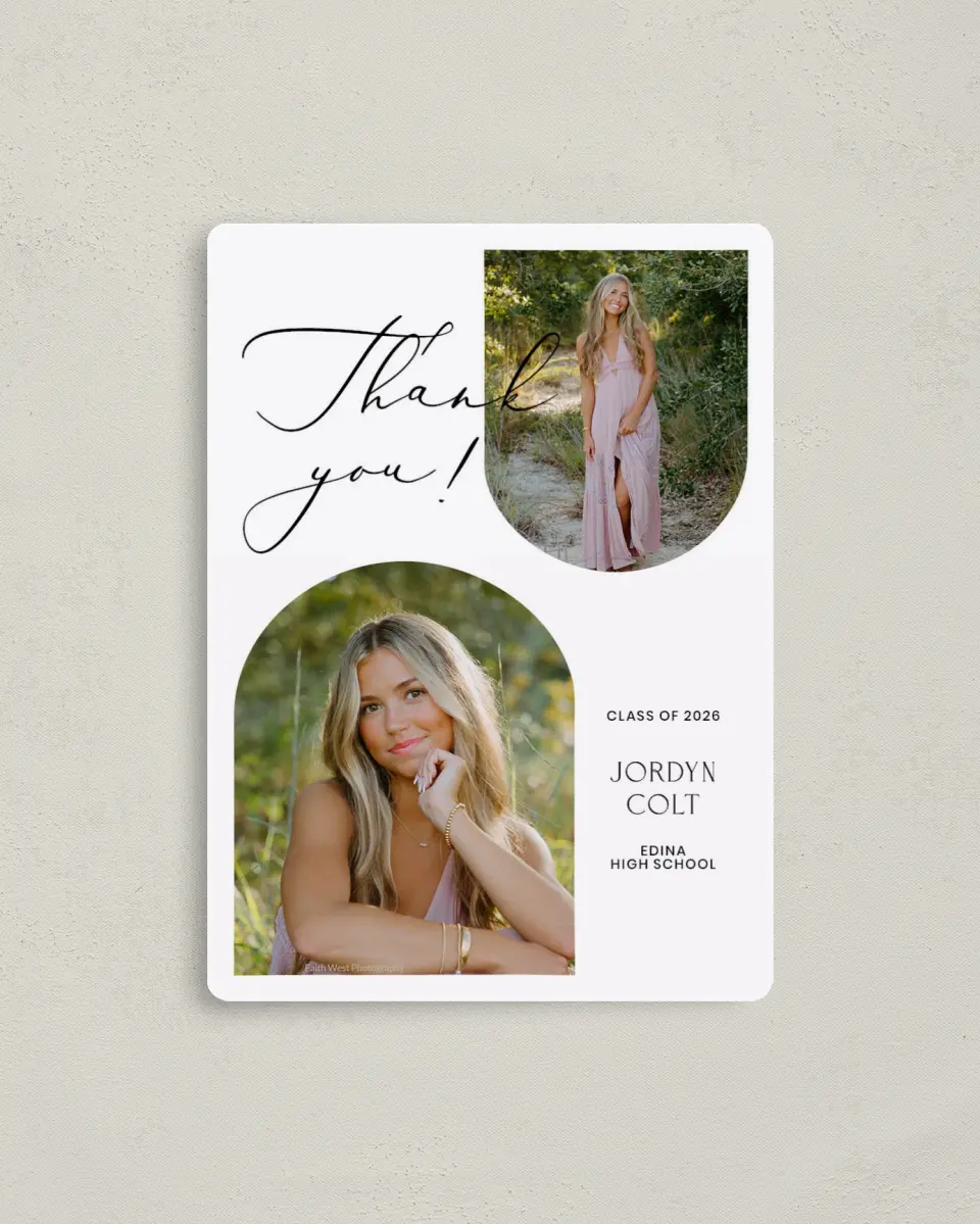 This is a 4" x 5½" Graduation Thank You Magnet called Refined Moment printed in full color with a Luxe Satin finish