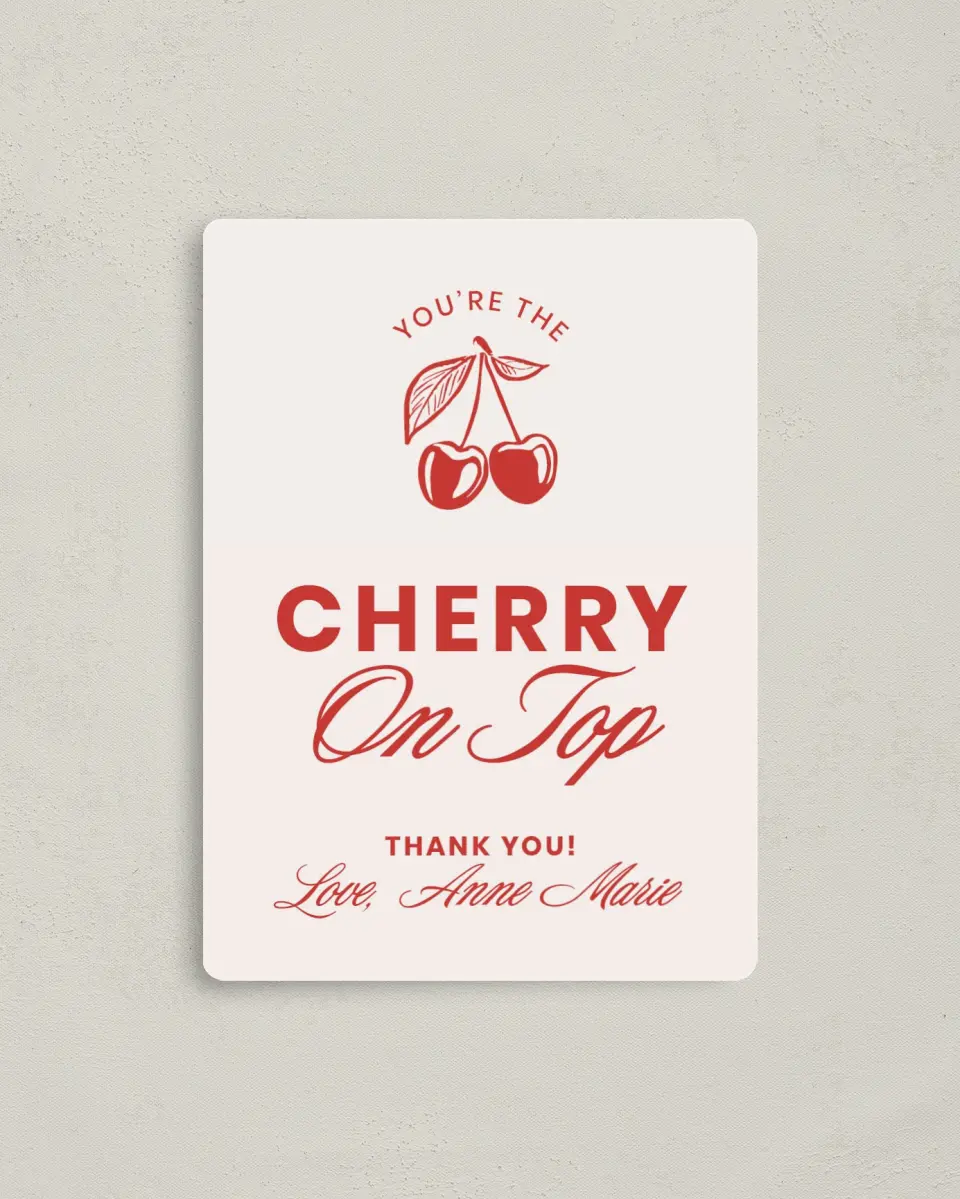 This is a 4" x 5½" Newlywed called Cherry on Top printed in full color with a Luxe Satin finish