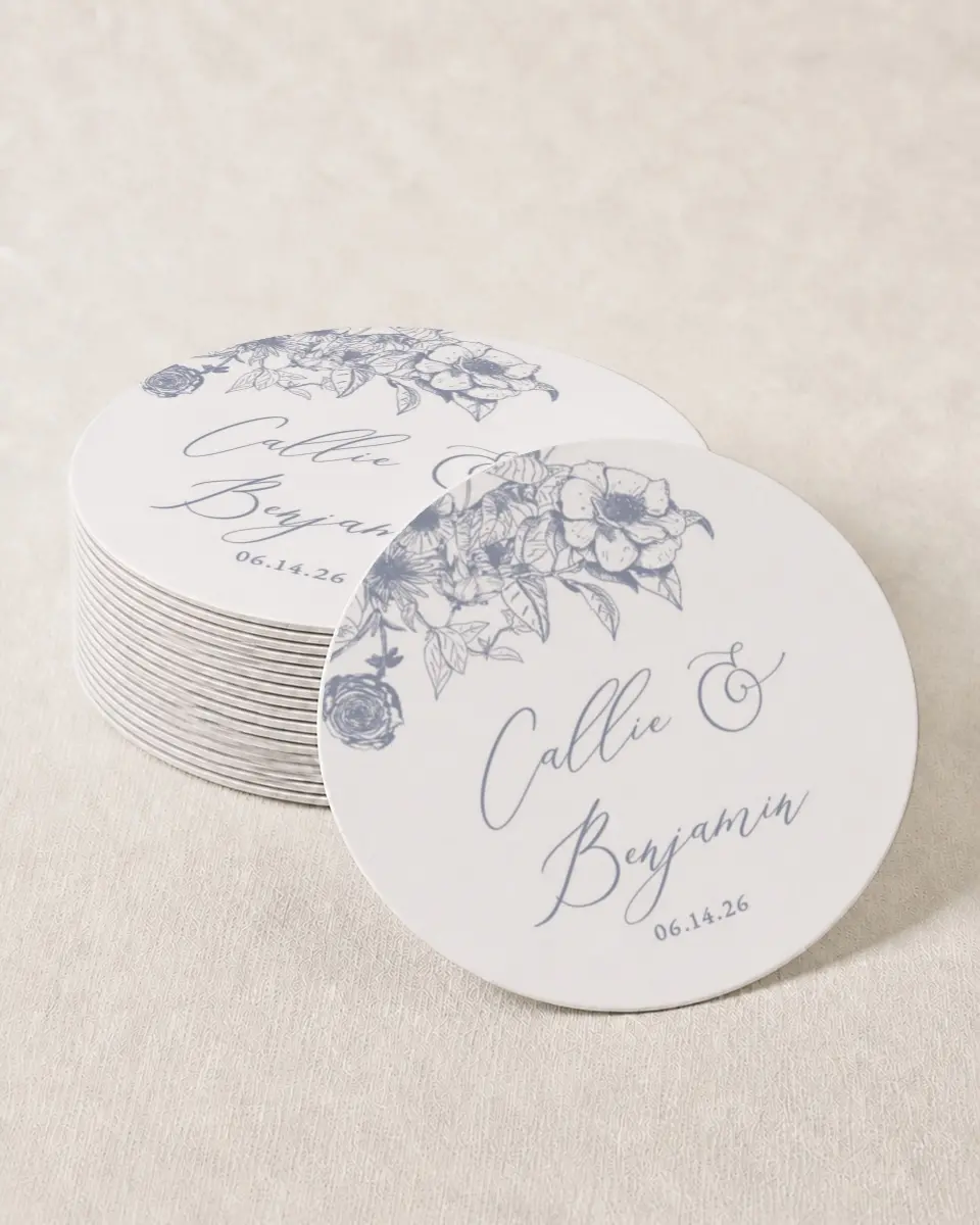 This is a 4" x 4" Wedding Coaster called Gentle Bouquet printed in full color on Kraft Chipboard paper