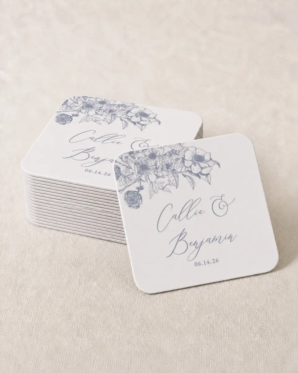 This is a 4" x 4" Wedding Coaster called Gentle Bouquet printed in full color on Kraft Chipboard paper