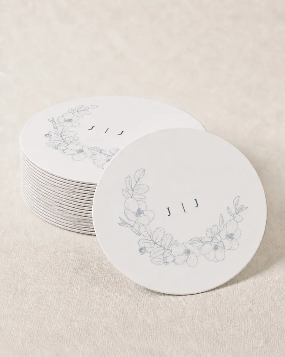 This is a 4" x 4" Wedding Coaster called Floral Sketch printed in full color on Kraft Chipboard paper