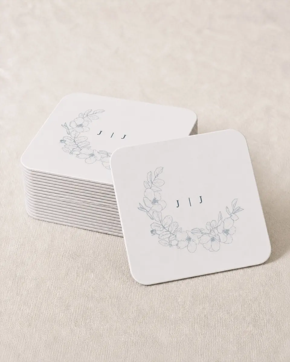 This is a 4" x 4" Wedding Coaster called Floral Sketch printed in full color on Kraft Chipboard paper