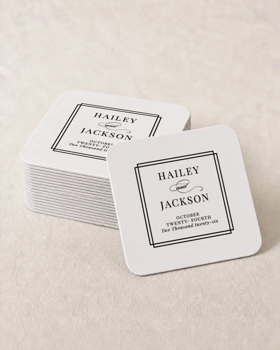 This is a 4" x 4" Wedding Coaster called Because You're Mine printed in full color on Kraft Chipboard paper