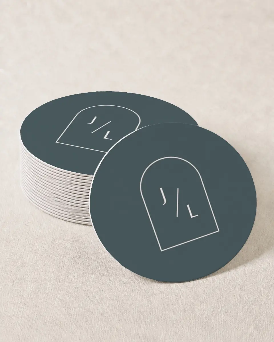 This is a 4" x 4" Wedding Coaster called Mod Shapes printed in full color on Kraft Chipboard paper