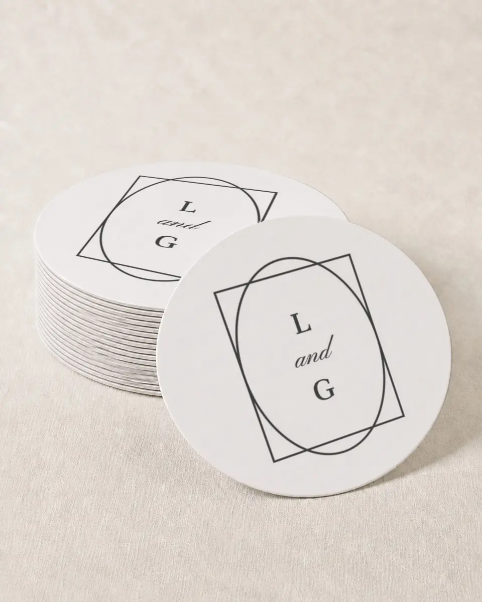This is a 4" x 4" Wedding Coaster called Graphic Enclosure printed in full color on Kraft Chipboard paper
