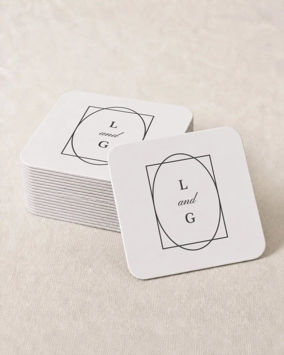 This is a 4" x 4" Wedding Coaster called Graphic Enclosure printed in full color on Kraft Chipboard paper