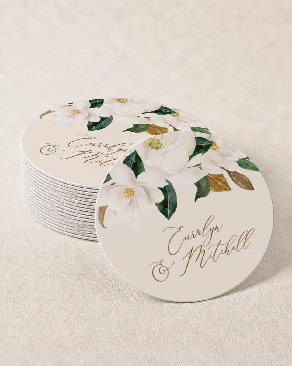 This is a 4" x 4" Wedding Coaster called Soft Magnolia printed in full color on Kraft Chipboard paper