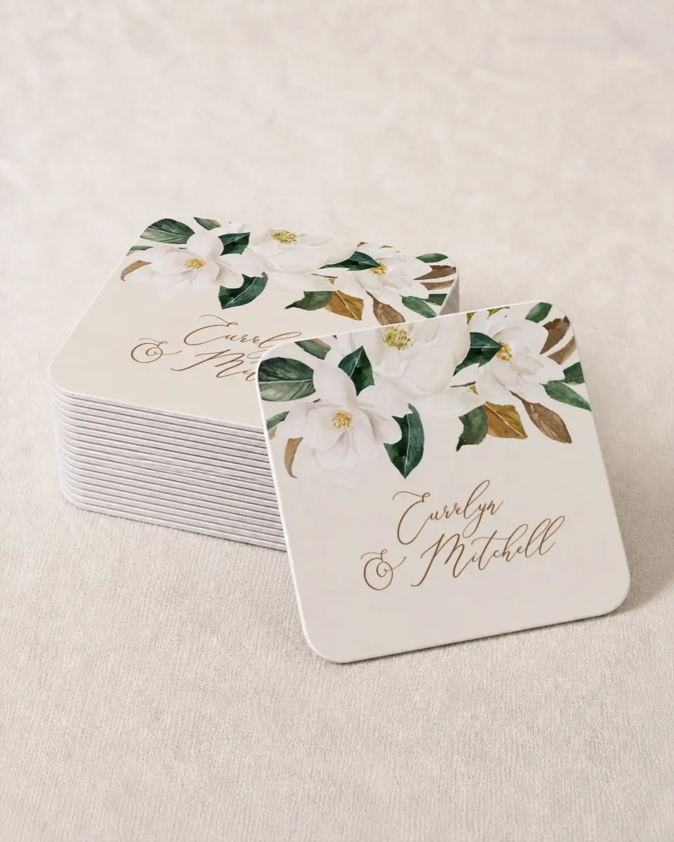 This is a 4" x 4" Wedding Coaster called Soft Magnolia printed in full color on Kraft Chipboard paper