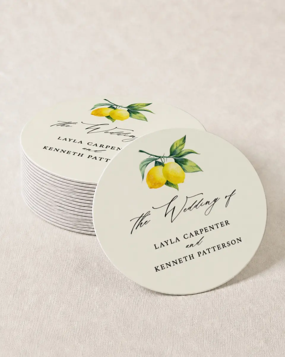 This is a 4" x 4" Wedding Coaster called Antique Lemon printed in full color on Kraft Chipboard paper