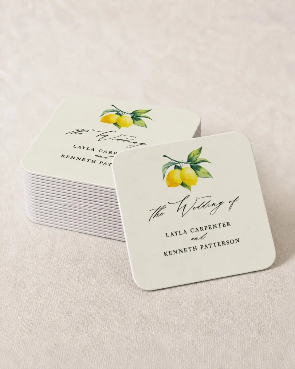 This is a 4" x 4" Wedding Coaster called Antique Lemon printed in full color on Kraft Chipboard paper