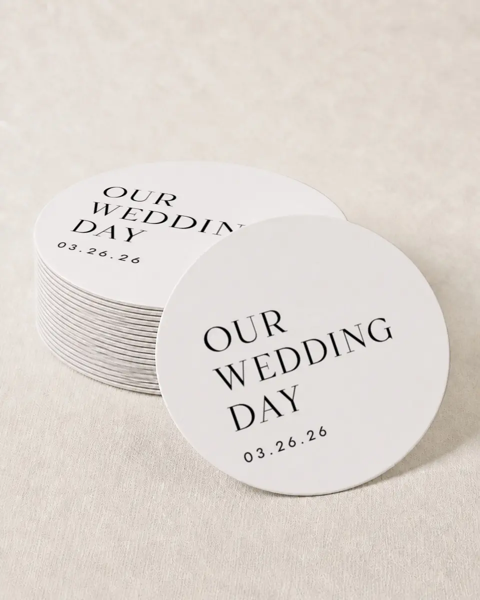 This is a 4" x 4" Wedding Coaster called Spacious Idea printed in full color on Kraft Chipboard paper
