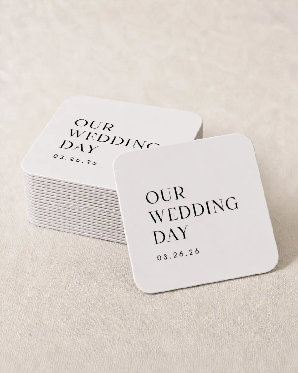 This is a 4" x 4" Wedding Coaster called Spacious Idea printed in full color on Kraft Chipboard paper