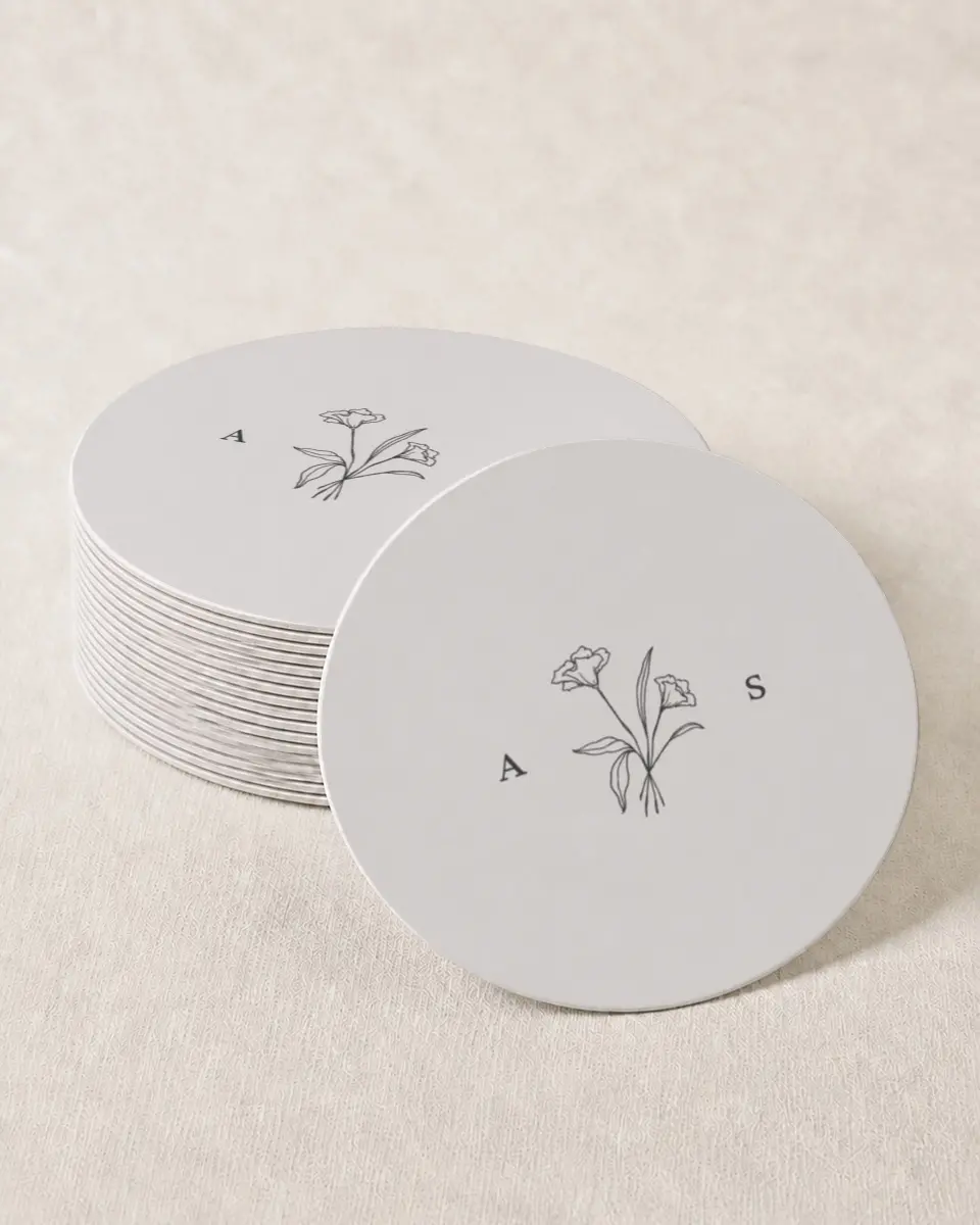 This is a 4" x 4" Wedding Coaster called Monogram Bloom printed in full color with Gold foil on Kraft Chipboard paper