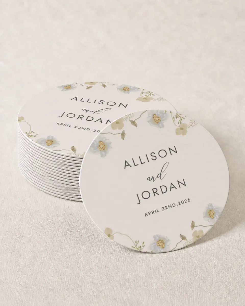 This is a 4" x 4" Wedding Coaster called Tender Blooms printed in full color on Kraft Chipboard paper