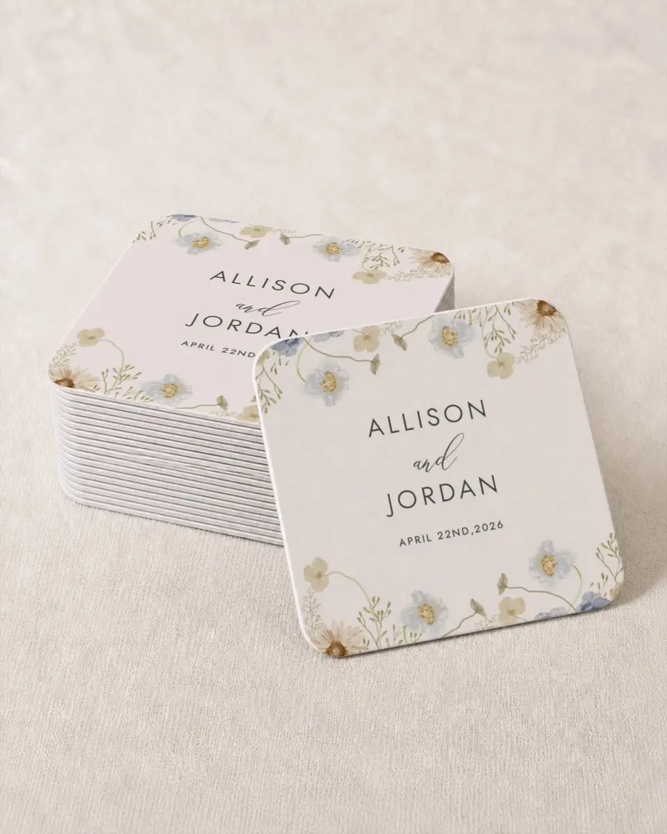 This is a 4" x 4" Wedding Coaster called Tender Blooms printed in full color on Kraft Chipboard paper