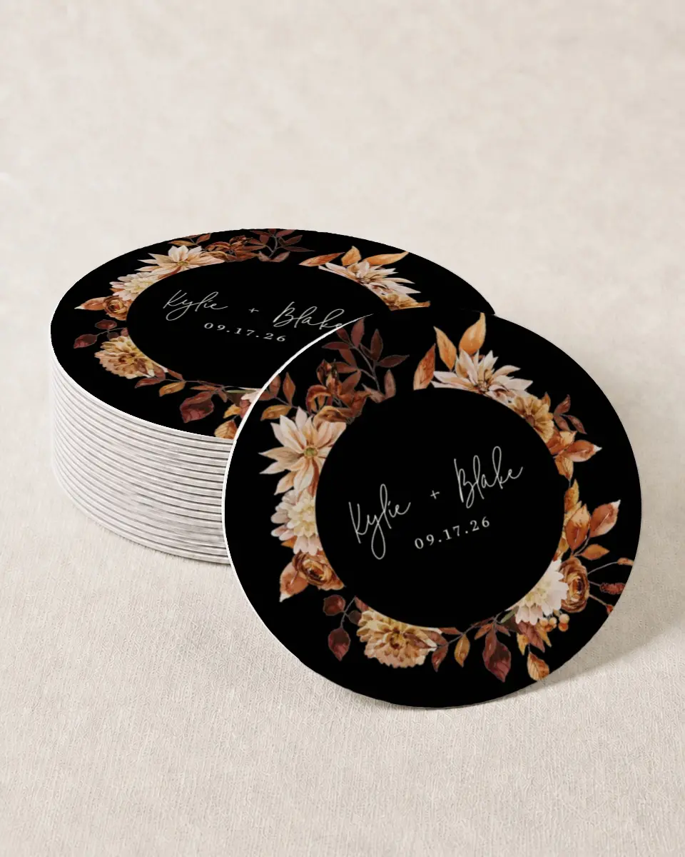 This is a 4" x 4" Wedding Coaster called Country Blooms printed in full color on Kraft Chipboard paper