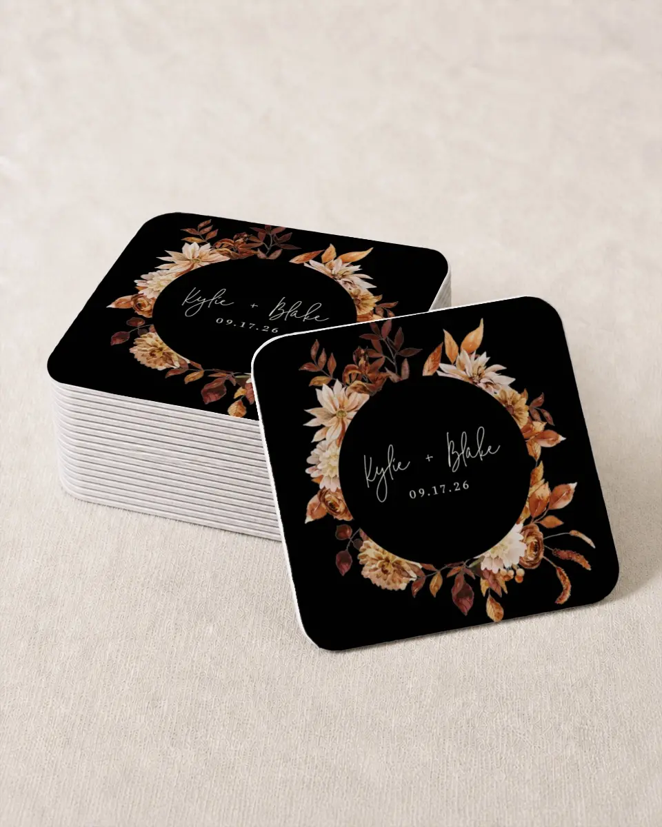 This is a 4" x 4" Wedding Coaster called Country Blooms printed in full color on Kraft Chipboard paper