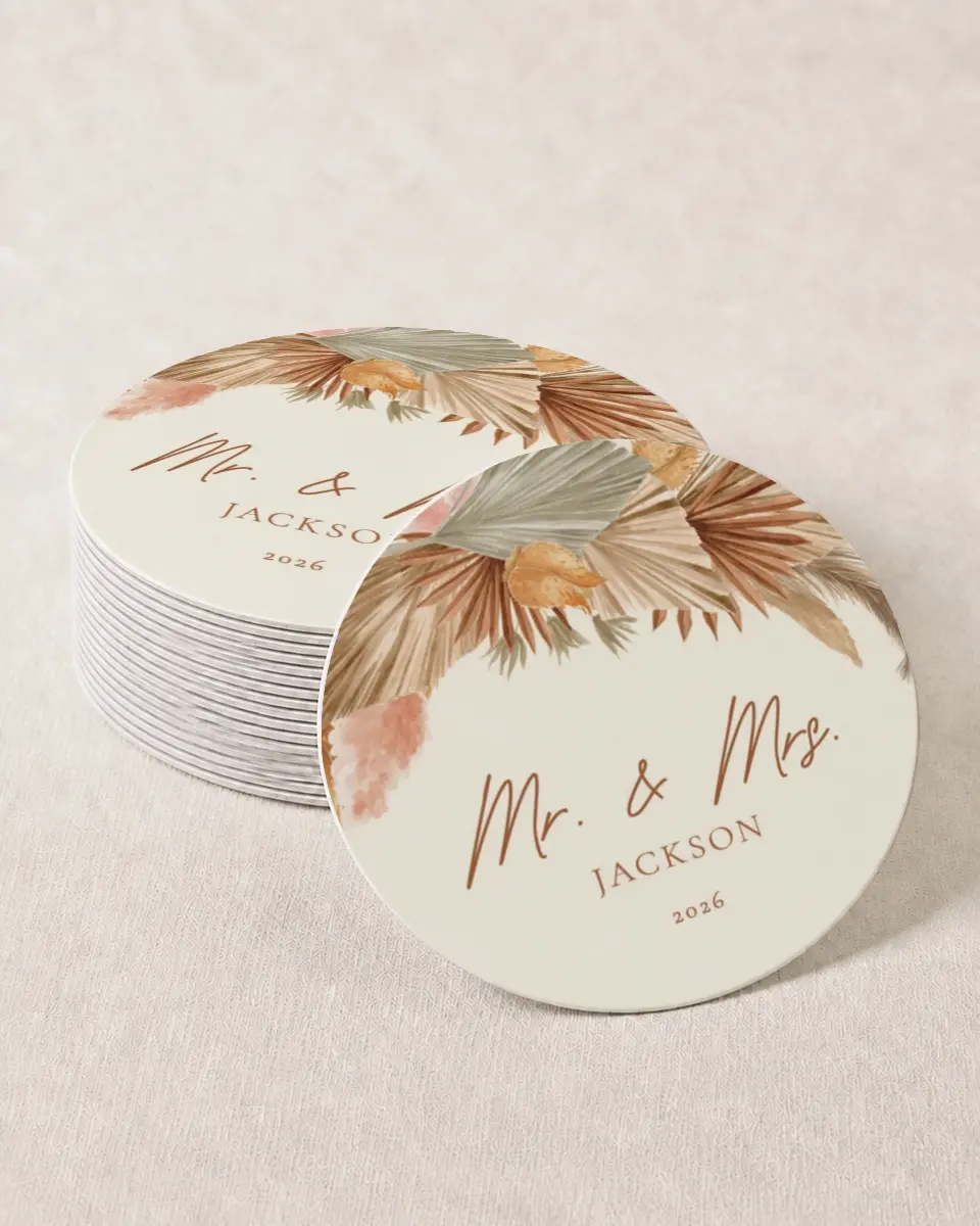 This is a 4" x 4" Wedding Coaster called Sandy Fronds printed in full color on Kraft Chipboard paper