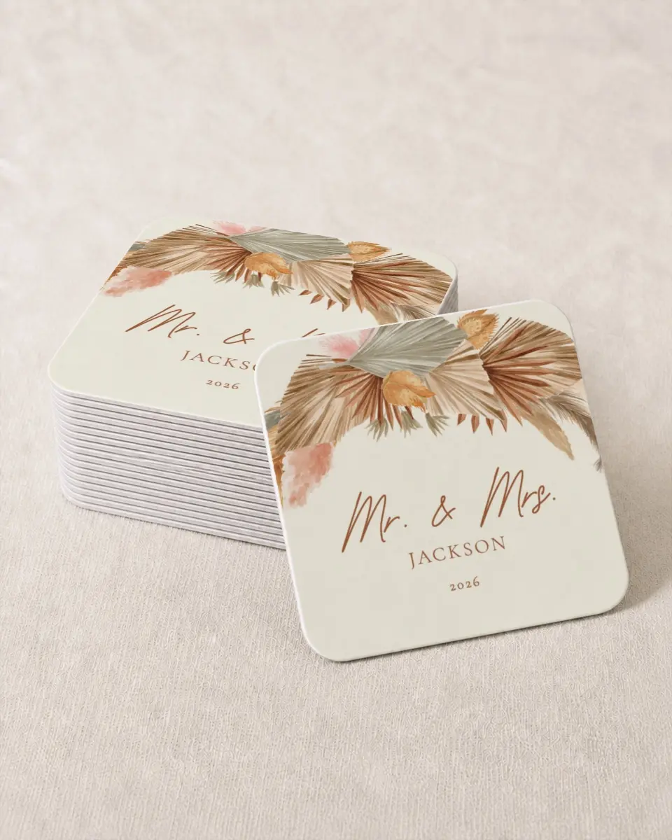 This is a 4" x 4" Wedding Coaster called Sandy Fronds printed in full color on Kraft Chipboard paper