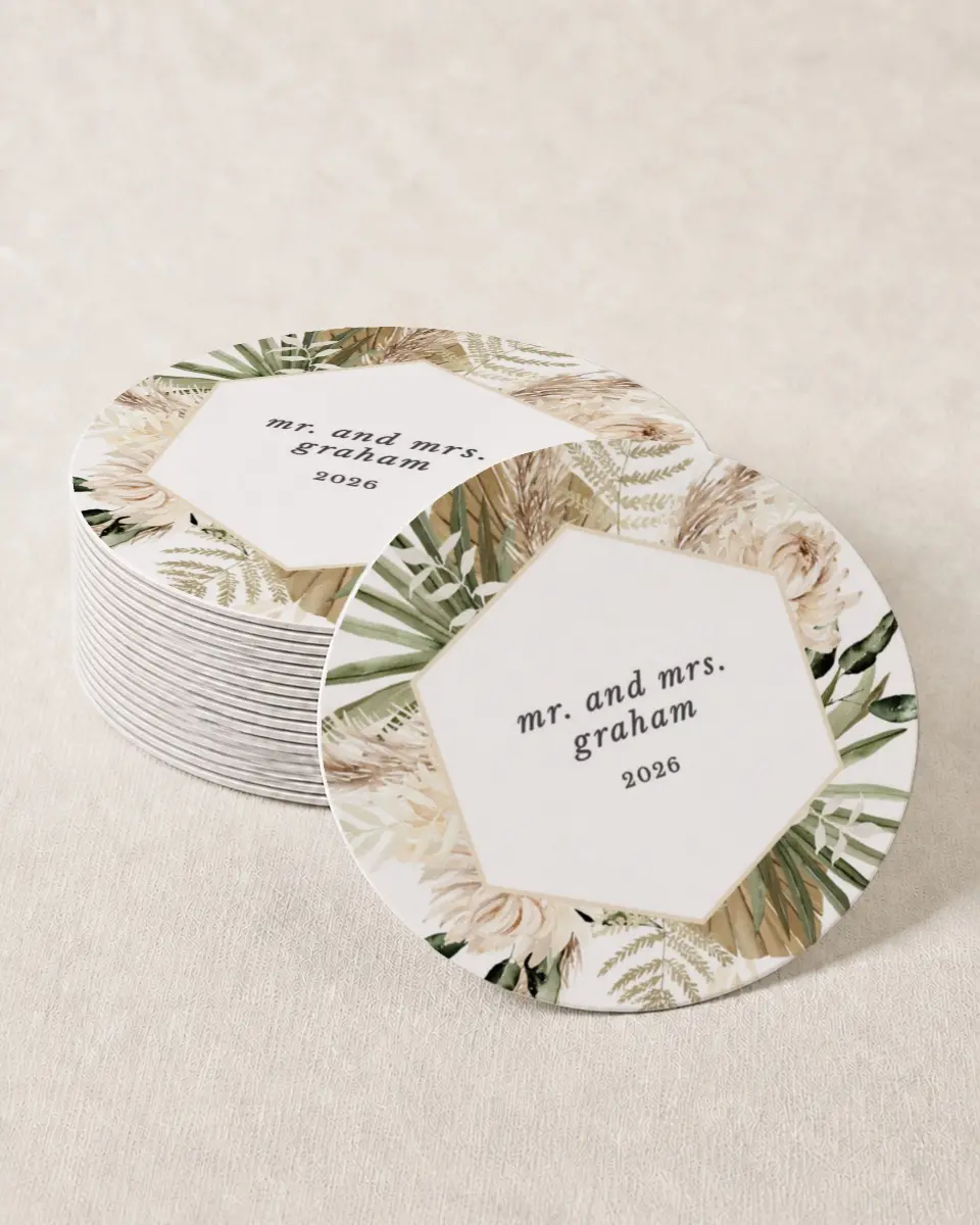 This is a 4" x 4" Wedding Coaster called Natural Boho printed in full color on Kraft Chipboard paper