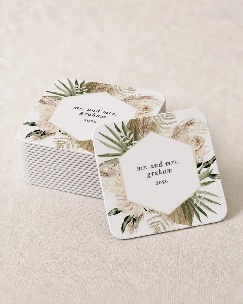 This is a 4" x 4" Wedding Coaster called Natural Boho printed in full color on Kraft Chipboard paper