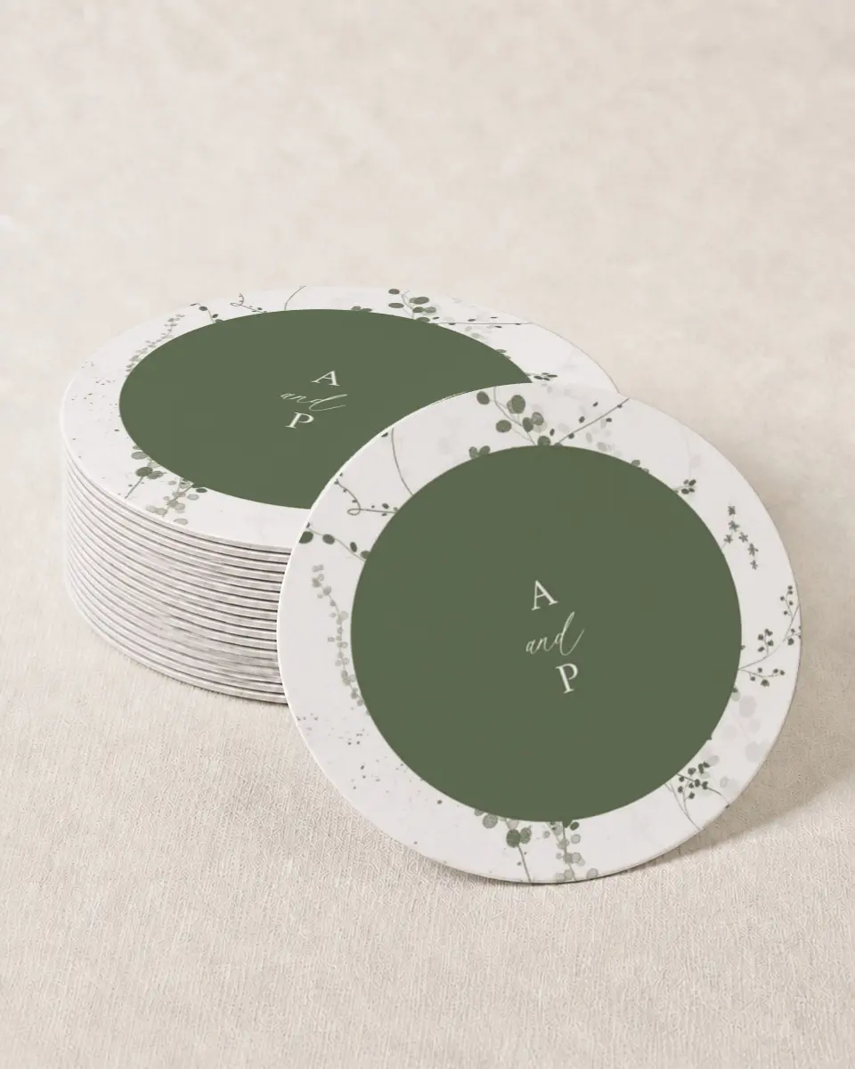 This is a 4" x 4" Wedding Coaster called Fresh Tendrils printed in full color on Kraft Chipboard paper