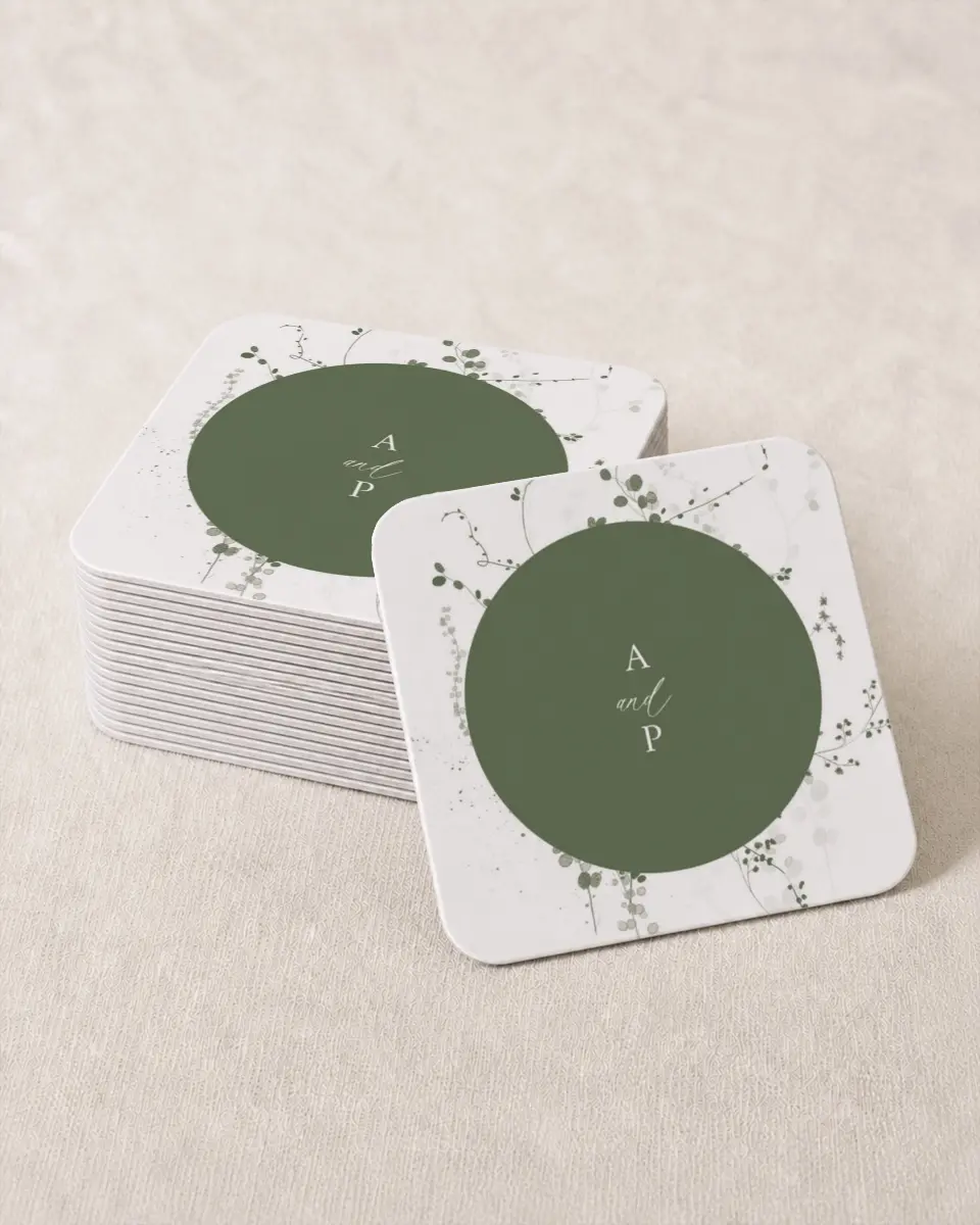 This is a 4" x 4" Wedding Coaster called Fresh Tendrils printed in full color on Kraft Chipboard paper