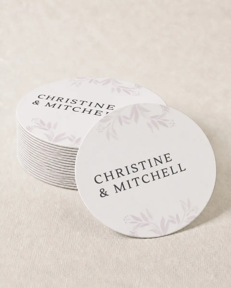 This is a 4" x 4" Wedding Coaster called Lush Leaves printed in full color on Kraft Chipboard paper
