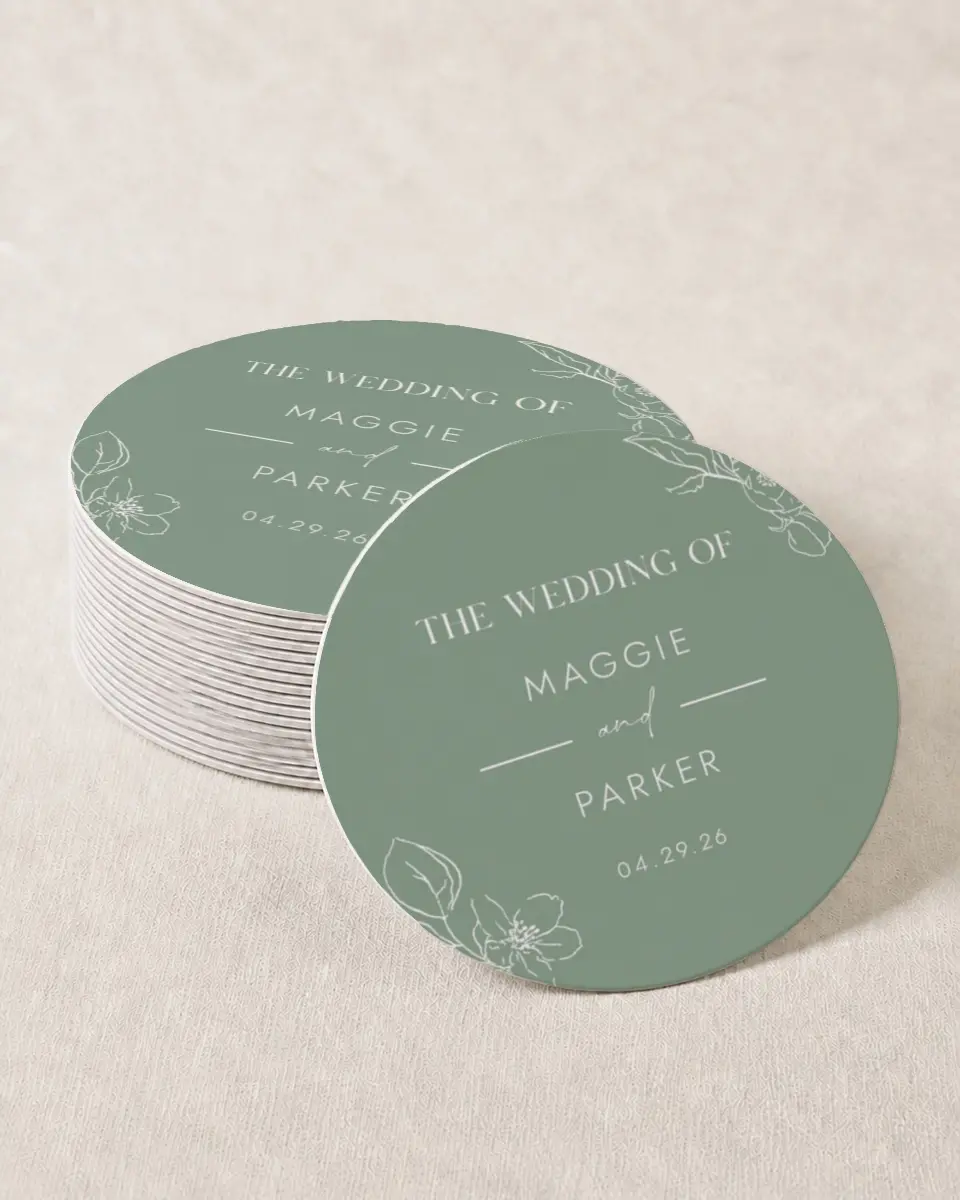 This is a 4" x 4" Wedding Coaster called Blossoming Arch printed in full color on Kraft Chipboard paper