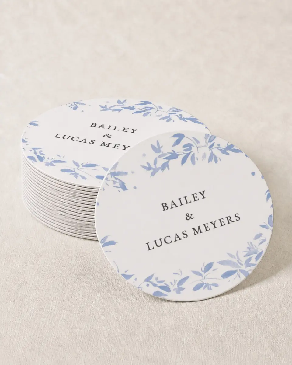 This is a 4" x 4" Wedding Coaster called Soft Botanics printed in full color on Kraft Chipboard paper