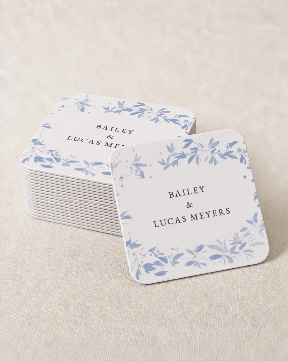 This is a 4" x 4" Wedding Coaster called Soft Botanics printed in full color on Kraft Chipboard paper